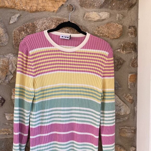 RIXO Milos Knit Dress in Pastel Yellow Rainbow Stripe Women’s Large MSRP $400 - Picture 7 of 12